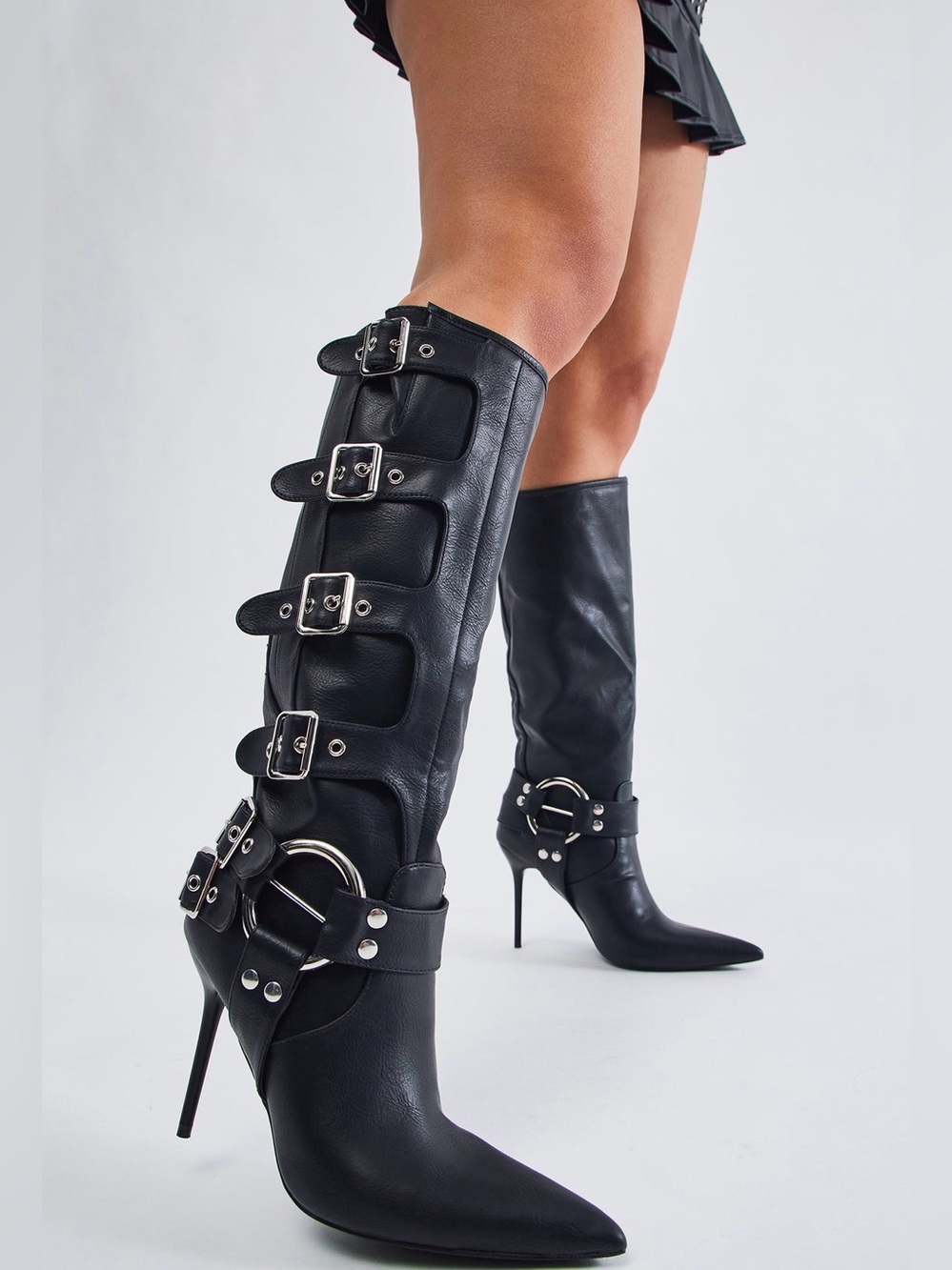 New Tall Buckle Stiletto Knee-High Boots - black